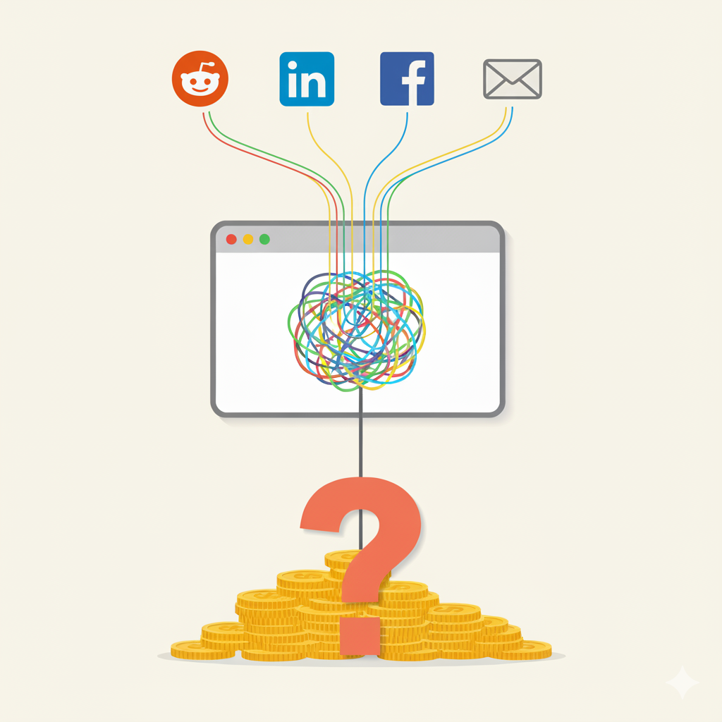 Illustration showing marketing data flowing into a black box and coming out as unattributed revenue